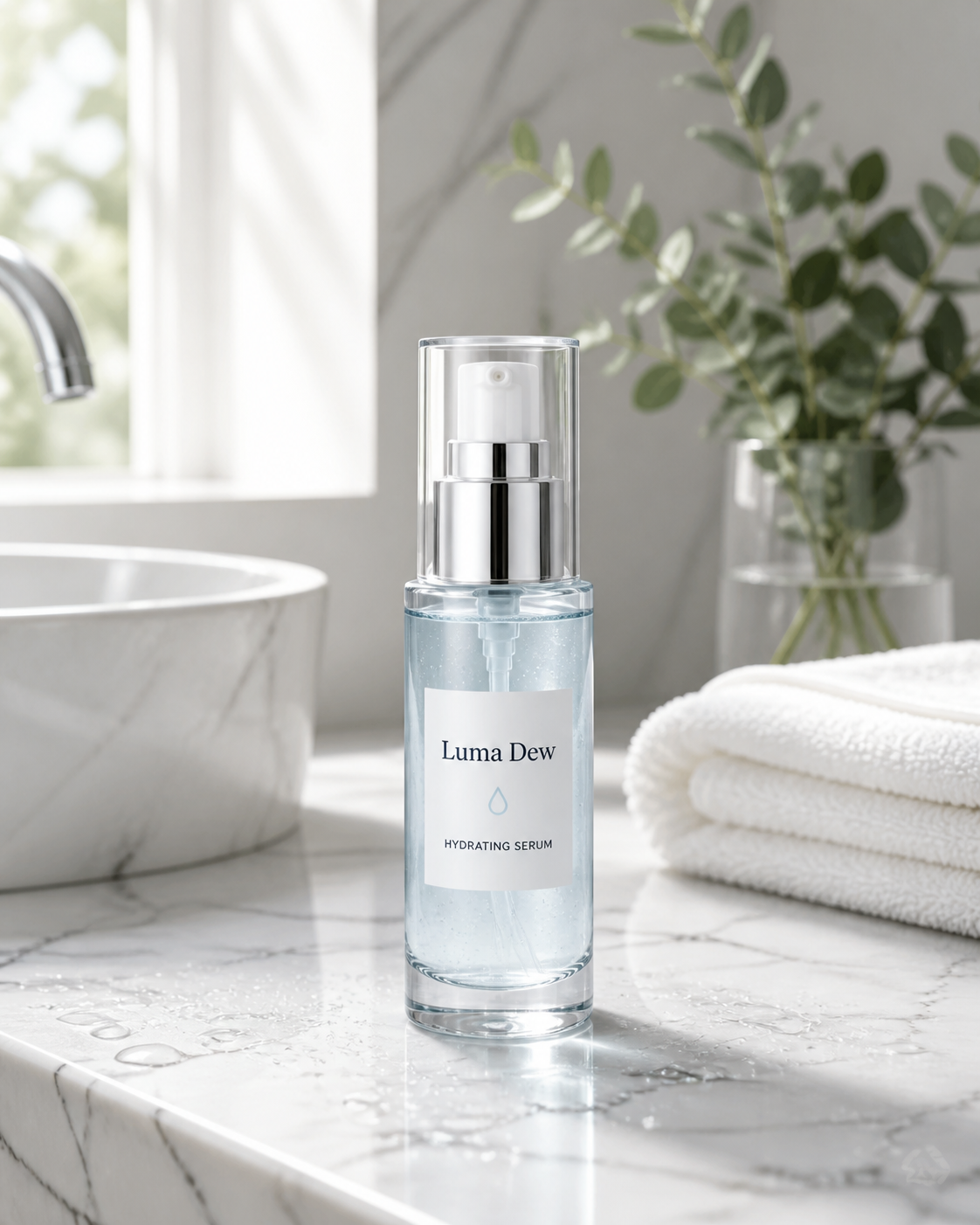 Luma Dew Hydrating Face Serum generated bathroom lifestyle demo