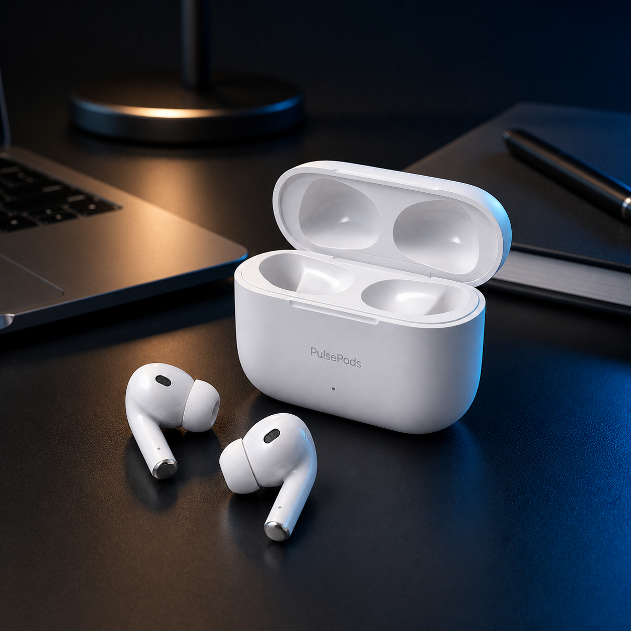 PulsePods Wireless Earbuds generated tech desk demo
