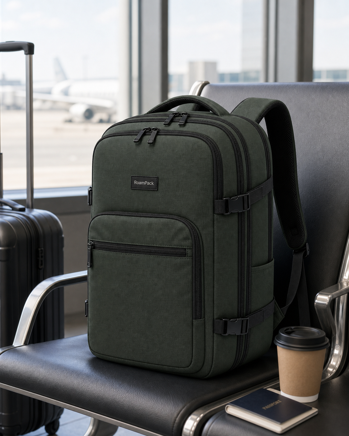 RoamPack Travel Backpack generated airport lifestyle demo