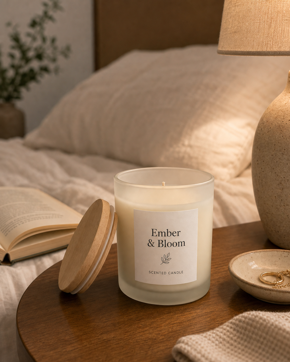 Ember & Bloom Scented Candle generated cozy bedroom demo