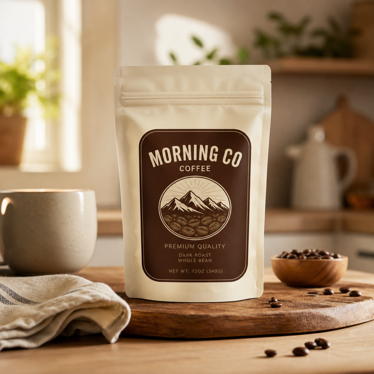 Coffee product lifestyle scene on a kitchen counter